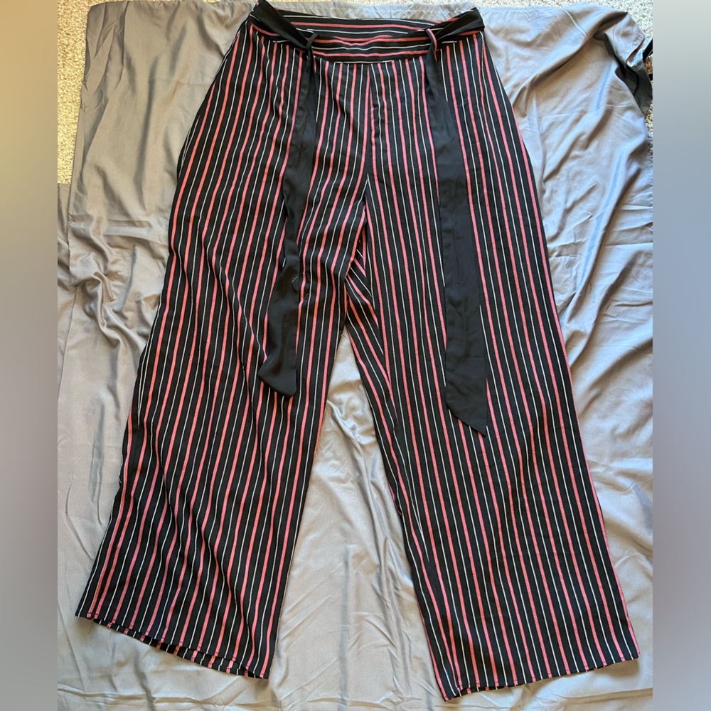 Striped black burgundy, and white work pants